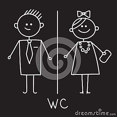 Toilet Icon. Simple Sign Of WC. Men and women WC sign for restroom. Vector Symbol. Chalk sketch on black plate Vector Illustration