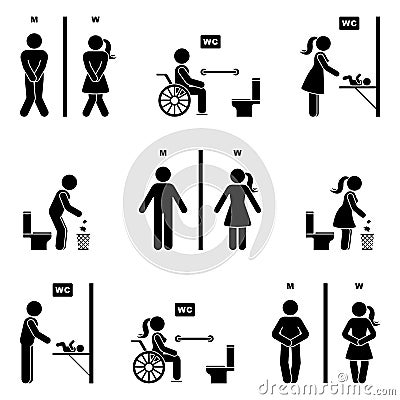 Toilet icon stick figure man, woman silhouette pictogram vector. Funny pee, baby diaper change room, handicap disable person signs Vector Illustration