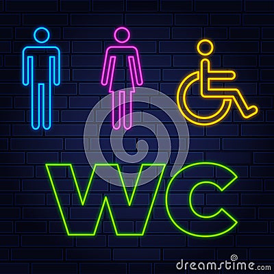 Toilet neon sign. Glowing neon inscription with man, woman and wheelchair figures on dark blue brick background. Can be used for Vector Illustration