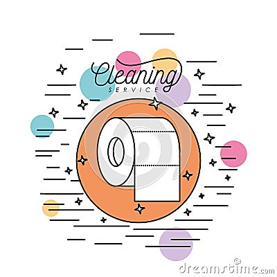 Toilet paper cleaning service silhouette in circular frame with color bubbles and decorative stars and lines on white Vector Illustration