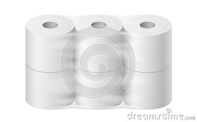 Toilet paper pack realistic. White mock up with transparent wrapping template for branding Vector Illustration