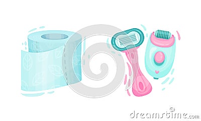 Toilet Paper Roll and Pink Razor for Shaving Vector Set Vector Illustration