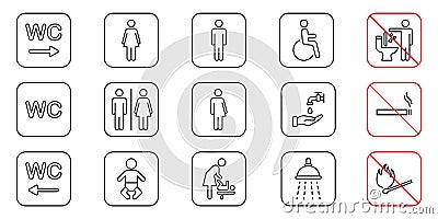 Toilet Room Line Icon. Set of WC Sign. Mother and Baby Room Outline Pictogram. Public Washroom for Disabled, Male Vector Illustration