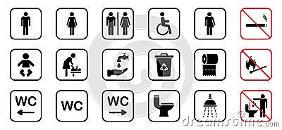 Toilet Room Silhouette Icon. Set of WC Sign. Bathroom, Restroom Pictogram. Public Washroom for Disabled, Male, Female Vector Illustration