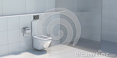 Toilet shower douche interior design, tiled wall and floor background. Modern WC, restroom. Bathroom lavatory mockup. 3d Cartoon Illustration