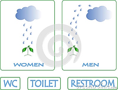 Toilet signs. Blue cloud, drops of rain pours on green plant Vector Illustration