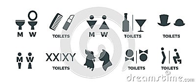 Toilet signs. Funny WC man and woman direction icons, restaurant cafe cinema restroom door signs. Vector toilet symbols Vector Illustration