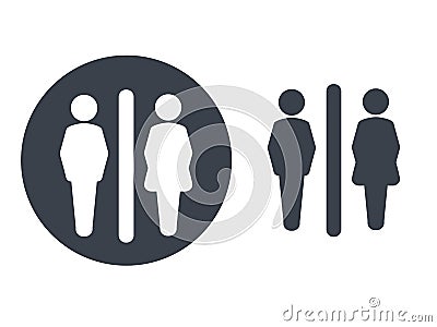 Toilet symbols on white background. White silhouettes in a dark grey circle and dark grey male and female icon on white backgroun Vector Illustration