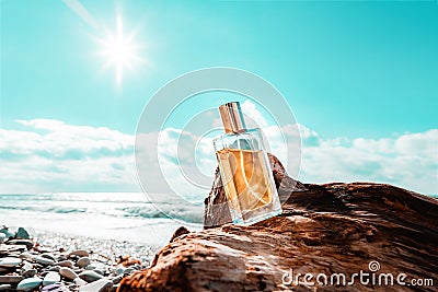 Toilet water. A rectangular glass bottle of golden perfume standing on a driftwood. Ocean waves and sunny sky in the Stock Photo