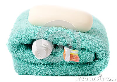 Toiletries (toothbrush, soap, towel) Stock Photo
