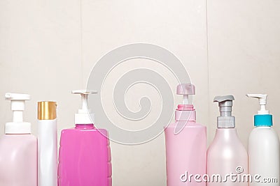 Toiletry bottles in bathroom Stock Photo