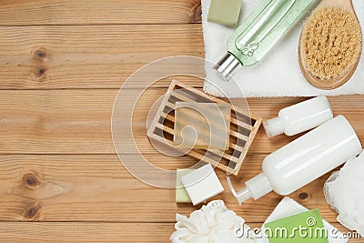 Toiletry Set. Soap Bar And Liquid. Shampoo, Shower Gel, Body Mil Stock Photo