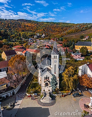 Tokaj, Hungary - Aerial view of the Heart of Jesus Church at the main square of the town of Tokaj on a sunny autumn morning Editorial Stock Photo