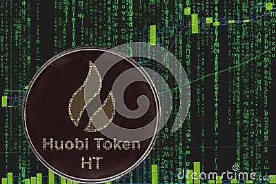 Coin HT huobi token cryptocurrency on the background of binary crypto matrix text and price chart. Stock Photo