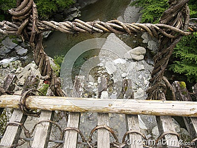 Gap between steps of Oku-Iya double vine bridge or Oku-Iya Nijuu Kazura bridge. Stock Photo