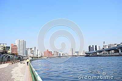 Tokyo bay and Sumida river bridge with running road Editorial Stock Photo