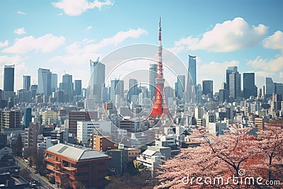 Tokyo cityscape with cherry blossom and Tokyo Tower, City view with Tokyo Tower, Tokyo, Japan, AI Generated Stock Photo