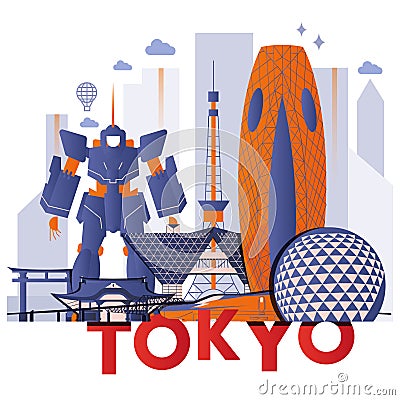 Tokyo culture travel night set vector illustration Vector Illustration