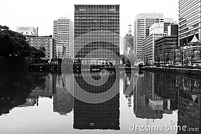 Tokyo high-rise office block - black and white. Editorial Stock Photo