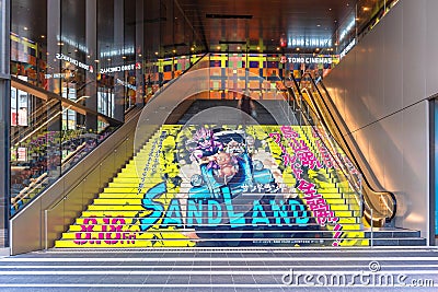 A stairs advertising of the Japanese animated movie Sand Land with its hero Beelzebub illustrated by mangaka Akira Toriyama. Editorial Stock Photo