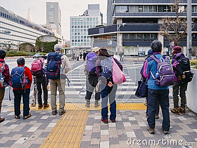 TOKYO, JAPAN - APR 12, 2019 : Group of senior People with backpack. Japanese Elderly lifestyle senior citizen Editorial Stock Photo