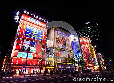 View of Neon signs and billboard advertisements in Akihabara electronics hub in Tokyo, Japan Editorial Stock Photo