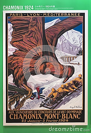 French poster of Chamonix 1924 winter olympics games depicting an eagle soaring above a bobsleigh track in Alps. Editorial Stock Photo