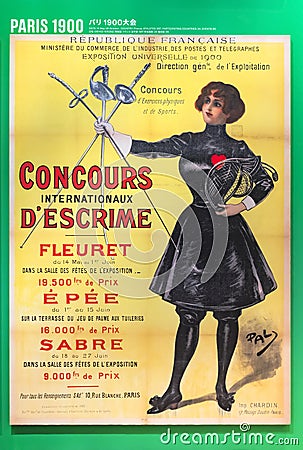 French poster of Paris 1900 summer olympics games depicting a fencer woman holding an Ã©pÃ©e, a foil and a sabre. Editorial Stock Photo