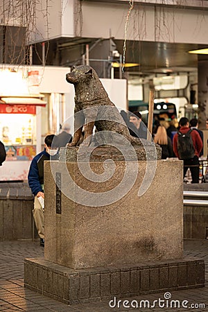 Tokyo, Japan - Jan 17, 2023: Unidentified people at Bronze statue of Hachiko at Shibuya Station. Editorial Stock Photo