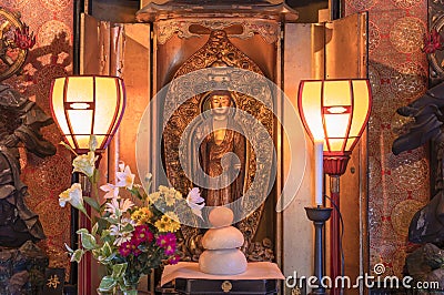 Interior of the temple Tendai Buddhism Gokokuin temple with thousand golden sculptures of buddha in the Ueno district of Tokyo Editorial Stock Photo