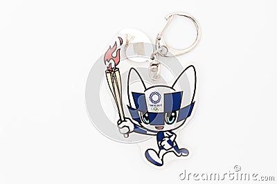 2020 Tokyo Olympic Mascot Miraitowa keychain official licensed. Copy space. Isolated on white background Editorial Stock Photo