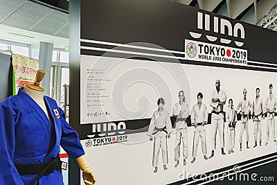 Judoka athletes of the Tokyo 2019 World Judo Championships with a Japanese Judo blue uniform. Editorial Stock Photo