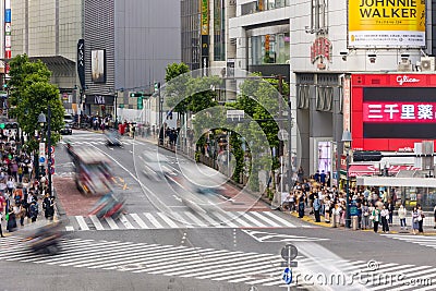 TOKYO, JAPAN - JUNE 21 2023: Long exposure single image of crowds using the famous Shibuya Crossing in Tokyo, Japan Editorial Stock Photo