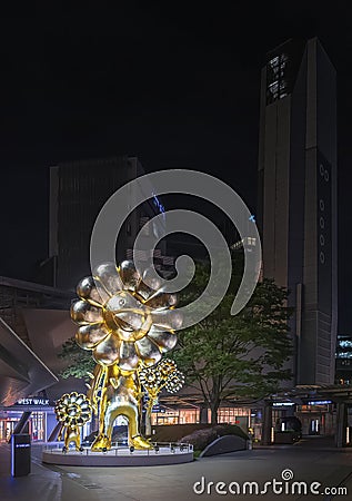 Night light up of the sculpture by Takashi Murakami at Roppongi Hills. Editorial Stock Photo