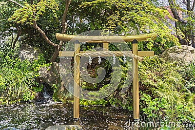 Japanese golden torii in the pond of Atago shrine covered with cherry blossoms petals. Editorial Stock Photo