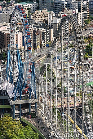 Bird view of the roller coaster and the ferris wheel of Laqua Tokyo Dome City Mall in kourakuen. Editorial Stock Photo