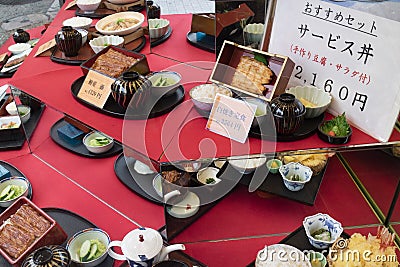Tokyo, Japan - May 12, 2017: Display of replica food in front Editorial Stock Photo