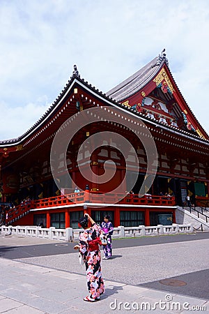 Sensoji Temple in Asakusa. Girls in summer kimono yukata are photographed Editorial Stock Photo