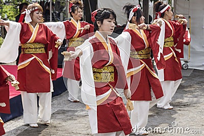 Tokyo, Japan - September 24 2017: Dancers in traditional clothing perfoming japananese Dance at Shinagawa Shukuba Matsuri festival Editorial Stock Photo