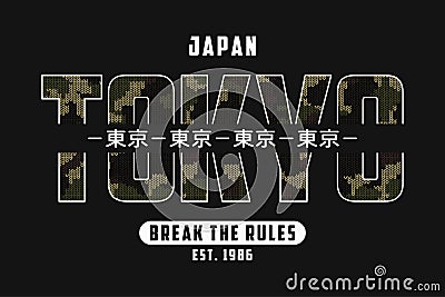 Tokyo, Japan slogan t-shirt design with knitted camouflage texture. Tee shirt in military and army style with knit camo Vector Illustration