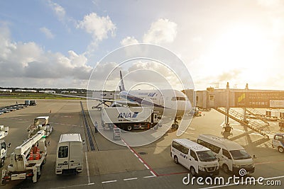 TOKYO - JULY 2018: All Nippon Airways ANA aircraft and services vehicle at Narita International Airport Editorial Stock Photo