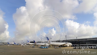 TOKYO - JULY 2018: United Airlines and All Nippon Airways ANA aircraft parking at Narita International Airport Editorial Stock Photo