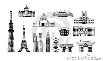 Tokyo landmark buildings tower, temple etc. illustration set manga style Vector Illustration