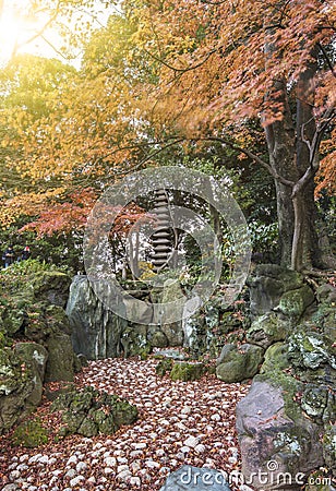 Tokyo Metropolitan Park KyuFurukawa japanese garden`s dry waterfall and fifteen stories pagoda overlooking by red maple momiji le Stock Photo