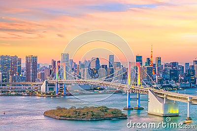 Tokyo skyline with Tokyo tower and rainbow bridge Stock Photo