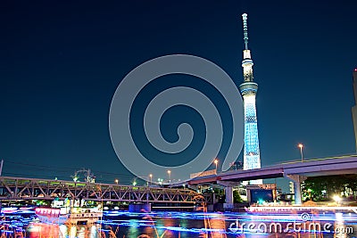 Tokyo skytree blue illumination along Sumida river Editorial Stock Photo