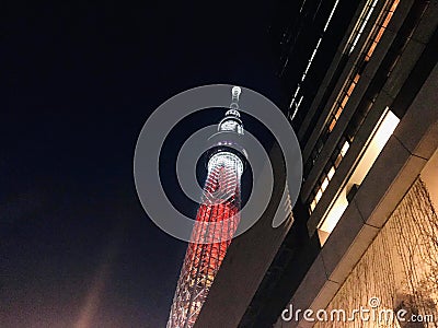 Tokyo Skytree and Skyline at night in Japan Editorial Stock Photo