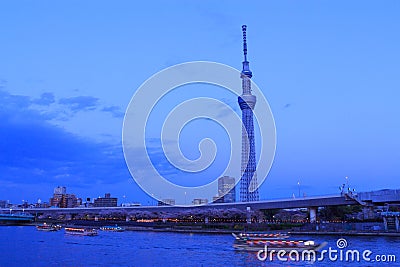 Tokyo Skytree and Sumida river in Tokyo at dusk Editorial Stock Photo