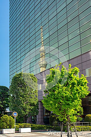 Tokyo Skytree tower reflecting in the office building glass facade Stock Photo