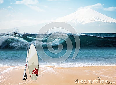 Tokyo with surfing. Giant wave with Mount Fuji in the background. Surfboards in the sand on the beach Stock Photo
